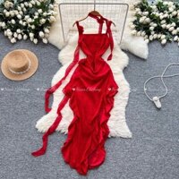 HA5716 [Order] Váy hai dây khoét 2 bên hông đính hoa chất voan siêu xinh đầm đi biển
