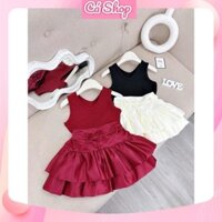 (HA6) Set bộ bé gái, Set áo tăm sát nách cổ tim chân váy xếp ly cho bé gái