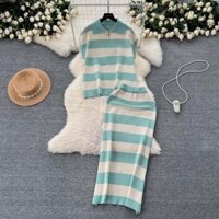 HA716 [Order] Set thời trang chất len dệt nữ gồm áo cổ polo + chân váy ôm kẻ sọc ngang siêu xinh