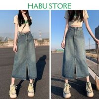 Habustore Chân Váy Jean Dài Dáng Chữ A Xẻ Tà trước Váy Bò Dài Cạp Cao Siêu Tôn Dáng Che khuyết Điểm