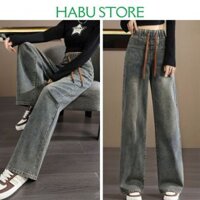Habustore Quần jeans lưng thun co giãn rút dây cho nữ sinh trung học mùa hè kiểu dáng mỏng  phiên bản Hàn Quốc cạp cao