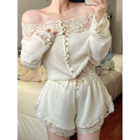 Hai Mảnh Nữ Thu Đông Phong Cách Mới Phong Cách Hồng Kông Pure Desire Ren Khâu Dệt Kim Thiết Kế Áo Khoác Quần Short Ống Rộng Phù Hợp Với