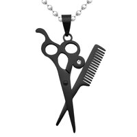 Hair Stylist Scissors and Comb Crystal Charm Stainless Steel Pendant Necklace 19.6 inch Chain - Silver