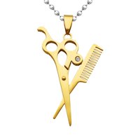 Hair Stylist Scissors and Comb Crystal Charm Stainless Steel Pendant Necklace 19.6 inch Chain - Gold