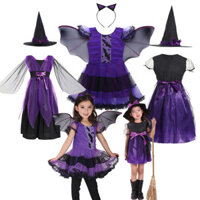 Halloween Phù Thủy Trang Phục Hóa Trang Màu Tím Đậm Bộ Váy Có Mũ Chổi Trang Phục Trình Diễn Trẻ Em