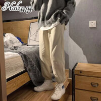 Halorift Quần cotton nam thời trang mùa đông màu trơn đơn giản ấm áp cộng với nhung dày thường ngày quần rộng