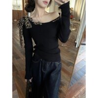 Hàn Quốc áo thun tay dài áo thun ôm body nữ áo thun trơn basic Cổ Tròn gợi cảm áo len trễ vai tay dài 🚢