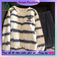 Hàn Quốc khâu cặp vợ chồng ngủ Phụ nữ mùa thu mùa đông san hô nhung dày trùm đầu hoạt hình Áo Thun nhà quần áo