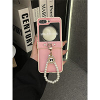 Hàn Quốc Màu Hồng Đệm Da Trơn Nơ Ngọc Trai Vòng Tay Dành Cho Samsung Galaxy Z Flip 3 4 5G Flip4 ZFlip5 Ốp điện thoại Chống Sốc