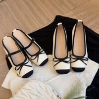 Hàn Quốc mũi tròn phối màu nơ Dép đế bằng PU một bàn đạp cho nữ thanh lịch thời trang khóa ngang chống trượt nhẹ lười nhà máy Giày Muller giá sỉ