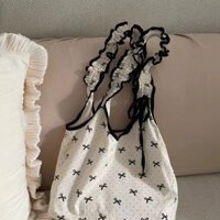 Hàn Quốc Niche Nơ Chấm Bi Túi Vải Cô Gái Ngọt Ngào Dây Rút Xếp Ly Túi Xách Sinh Viên Đi Lại Túi Đeo Vai❤3.7❤