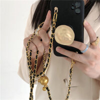 Hàn Quốc Sang Trọng Đeo Ngang Dây Vòng Cổ Da Dây Xích Chân Đế Màu Đen Ốp điện thoại Cho iPhone 16 15 14 13 Pro Max Ốp điện thoại