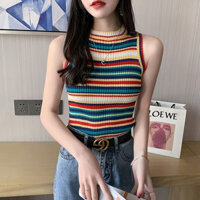 Hàn Quốc sang trọng Slim-fit Slimmer Look Len Nhỏ Sling Cầu Vồng Sọc Vest Nữ Retro Ngắn Tay Top Hợp Thời Trang 25.3.19