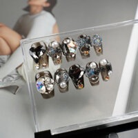 [Handmade] Miếng dán móng tay giả tươi sáng kim cương sáng bóng Móng tay ép trắng cao cấp
