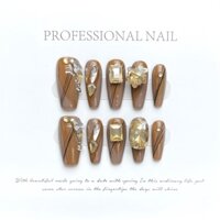 [handmade] Móng Tay Giả Mùa Thu Đông Màu Nâu Trà Sữa Không Lem Có Thể Tái Sử Dụng Và Tháo Rời Móng Tay Kim Cương Lấp Lánh