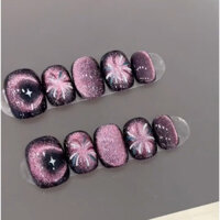Handmade Móng Tay Nhân Tạo Tuyệt Đẹp Pháo Hoa Lưỡi Liềm Mắt Mèo Màu Tím Bầu Trời Đầy Sao Hình Dạng Ngắn Phototherapy Miếng Dán Móng Tay Giả Bấm Vào Móng Tay Có Thể Tái Sử Dụng Với Keo Miễn Phí