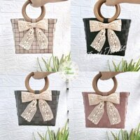 [Handmade] Túi Xách Giỏ Đan Thủ Công Làn Nhựa Nơ Ren Vintage Quai Gỗ Xuất Khẩu Đi Chơi Đi Biển Chụp Hình - Doni House