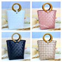 [Handmade] Túi Xách Giỏ Đan Thủ Công Làn Nhựa Quai Gỗ Vintage Xuất Khẩu Đi Chơi Đi Biển Chụp Hình Sống Ảo Làm Quà Tặng