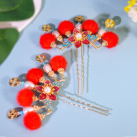 Hanfu Mũ Năm Mới Kẹp Tóc Handmade Đồng Xu Kẹp Tóc Năm Mới Đỏ Trắng Tóc Bóng Phụ Kiện Tóc