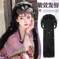 Hanfu Tóc Giả Một Mảnh Phong Cách Cổ Đại Tím Xuân Trọn Bộ Mũ Trang Phục Cổ Xoắn Bím Tóc Bun Túi Tóc