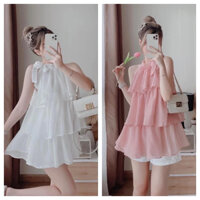 [Hàng 2 lớp] Áo tơ 3 tầng cổ yếm cột nơ, áo 3 lỗ kiểu nữ đi chơi đi biển siêu xinh
