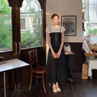 [Hàng 3 Size]:Set Yếm Kaki Hai Da Đen Dáng Dài Mix Áo Zip Trắng Tay Bồng Kèm Ảnh Thật LOLLAYE [SV68]