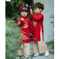 [HÀNG CAO CẤP] Áo dài Tết dài tay nhung tăm kèm quần kaki bé trai bé gái họa tiết ADT