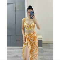 [Hàng Cao Cấp] Đồ Bơi Nữ, Bikini Đi Biển,Áo Tắm Họa Tiết Lá Xanh Kèm Khăn Vôn, Sét 3 Món Có Mút Dày Độn