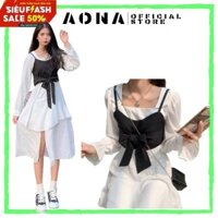 [HÀNG CAO CẤP LOẠI 1]Set váy yếm đen xẻ chân có tầng SIÊU DỄ THƯƠNG vải đũi mát,mẫu này bắt trend cực kì  Aona Mã 139