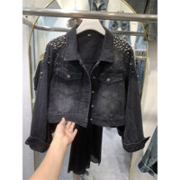 Hàng Châu Âu Áo Khoác Denim Nữ Cao Cấp Đính Hạt Ngắn Top Thu Đông 2023 Phong Cách Mới Hồng Kông Phong Cách Đen Cao Cấp Áo Khoác