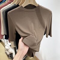 Hàng Châu Âu Áo Thun Tay Lửng Cổ Cao Màu Trơn Mùa Hè Hàng Mới Dành Cho Bạn Nữ