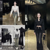 [HÀNG CHUẨN] Áo sơ mi túi hộp croptop dây rút eo có đệm cầu vai siêu hot