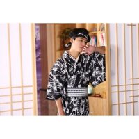 Hàng có sẵn - Bán trang phục Yukata Nam Nhật Bản màu đen in lá trúc cực kì huyền bí và sắc sảo.