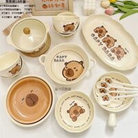 🌞HÀNG CÓ SẴN🌛 Bộ đồ ăn bằng gốm hoạt hình dễ thương bát và đĩa Bộ bát và thìa bằng sứ gia dụng Bộ
