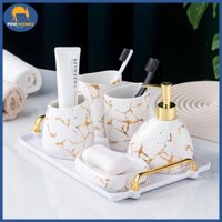 (HÀNG CÓ SẴN) Bộ Đồ Dùng Nhà Tắm Gốm Sứ Vân Vàng 6 Món Sang Trọng