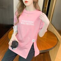 [Hàng có sẵn] [Cotton] Vải chất lượng cao Size lớn Plus Fat Slimer Look 2024 Mùa hè Áo thun Cotton phong cách mới dành cho nữ dáng rộng vừa dài chia đôi Hàn Quốc