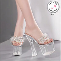 [HÀNG CÓ SẴN] Giày cao gót quai trong gắn hoa đá pha lê 18cm và 20cm đế trong và đế hoa C192