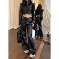 (HÀNG CÓ SẴN + HÌNH THẬT) Set da đen áo khoác biker dây kéo phối quần dài lưng cao ống rộng chất ngầu