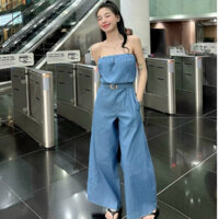 Hàng có sẵn -  Jumpsuit jean quần suông dài kèm nịt