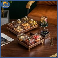 (HÀNG CÓ SẴN) Khay Đựng Bánh Mứt Kẹo, Hũ Đựng Bánh Kẹo Thuỷ Tinh Màu Hổ Phách Kèm Khay Gỗ Có Nắp Đậy Kín (Tặng 6 dĩa)