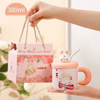 (Hàng Có Sẵn) Ly sứ nắp thỏ dễ thương kèm ống hút thuỷ tinh, làm quà tặng dễ thương