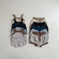 Hàng có sẵn Phiên bản Hàn Quốc Quần áo trẻ em Vách ngăn sọc Quần short yếm thông thường Bộ đồ mặc nhà