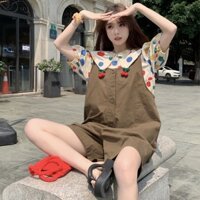 [Hàng Có Sẵn] Set Áo Sơ Mi Cổ Búp Bê + Quần Yếm Ngắn Ống Rộng Phong Cách Mới