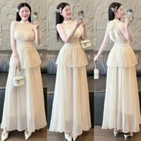 [Hàng có sẵn] Set Đồ Nữ Áo Cổ Yếm Mix Cùng Váy Maxi Tiểu Thư Voan Tơ Dolla