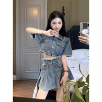 HÀNG CÓ SẴN Set Đồ Nữ Croptop Jeans Kèm Chân Váy Jeans Denim Style Hàn Quốc