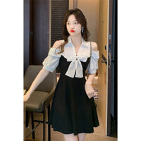 Hàng có sẵn Vận chuyển nhanh #Off-the-Shoulder Nhỏ Đen Đầm Phong Cách Chanel Nơ Ngọt Ngào Đi Lại Thời Trang Bụng-Covering