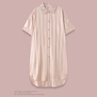 [Hàng có sẵn/Ảnh thật] 2024 Bộ đồ ngủ mùa hè mới dành cho nữ, váy ngủ sọc ngắn tay mỏng bằng lụa bă