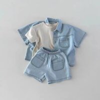 ❤[Hàng có sẵn]❤Ins Phiên Bản Hàn Quốc Trẻ Sơ Sinh Nam Nữ Bé Tay Ngắn Denim Bỏ Túi Áo Sơ Mi Quần Short Phù Hợp Với Mùa Hè Thời Trang Phù Hợp Với
