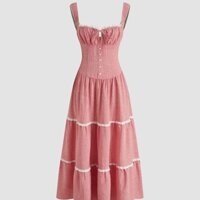 [Hàng Đặt Trước] Đầm Maxi Hai Dây Sọc Caro Đỏ Viền Bèo Farm Girls Thời Trang