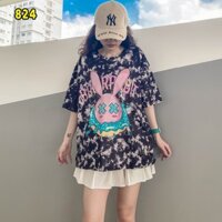 🍀HÀNG ĐẸP🍀 Áo thun loang tay lỡ Thỏ Rabbit đen cá tính unisex oversize vải cotton xượt poli co giãn thấm hút tốt 824